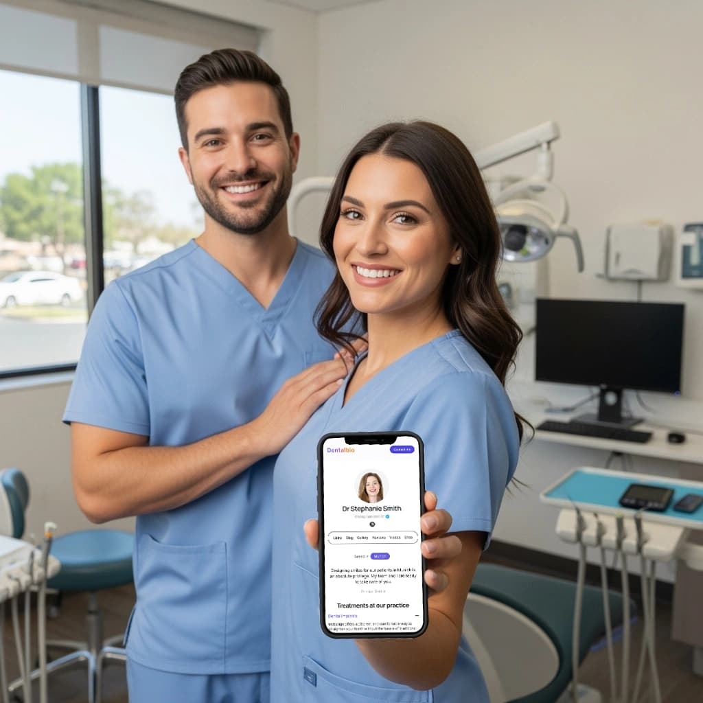 Dentists holding phone with  website